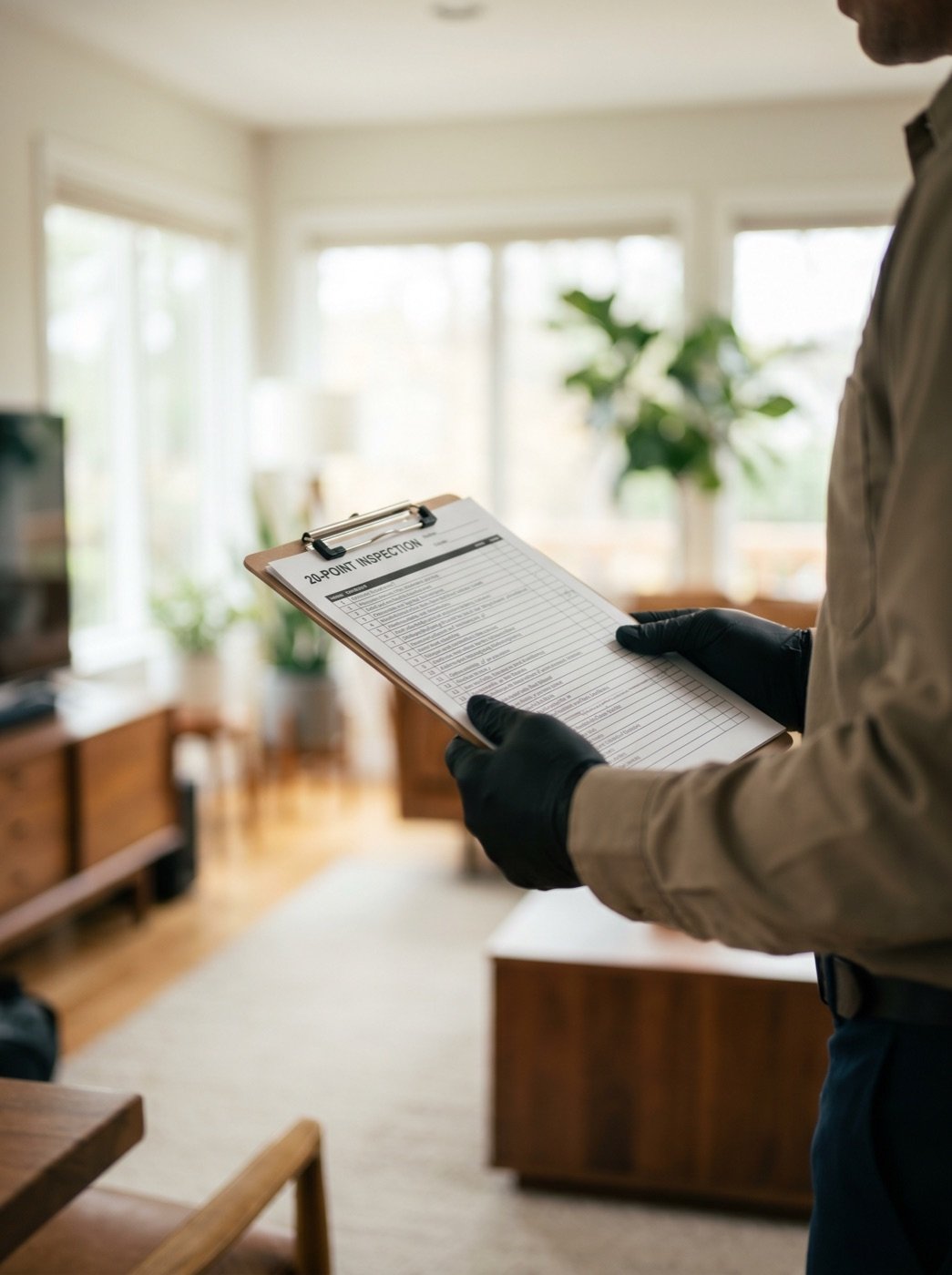 Bug Boys technician performing a 20-point home inspection with a clipboard