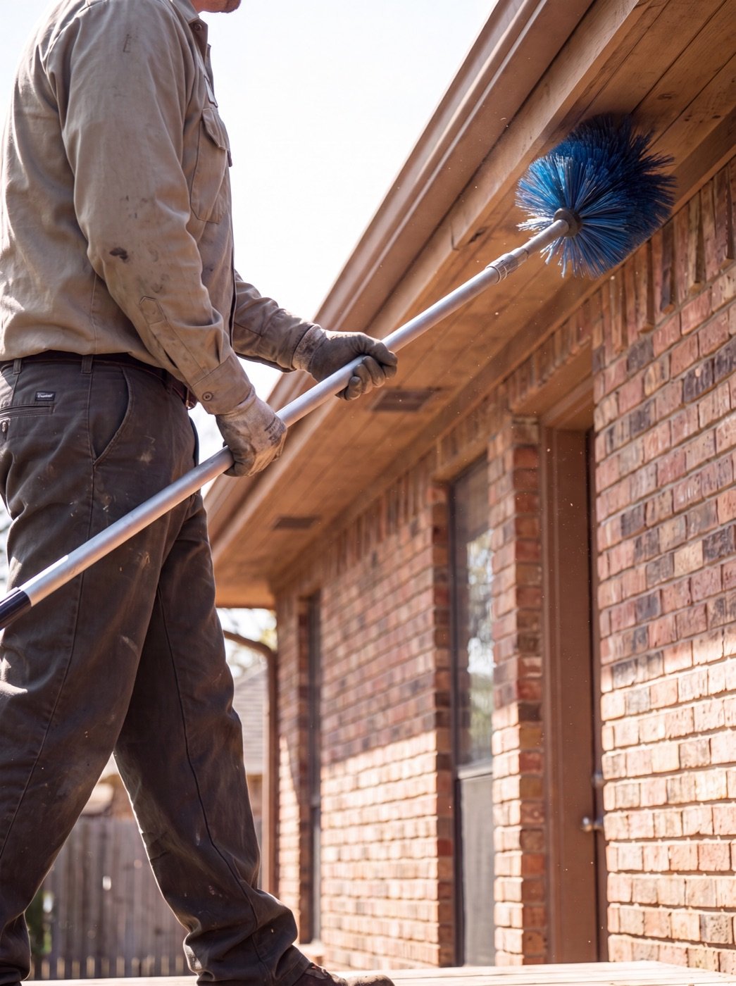 Technician sweeping and de-webbing the eaves of a home