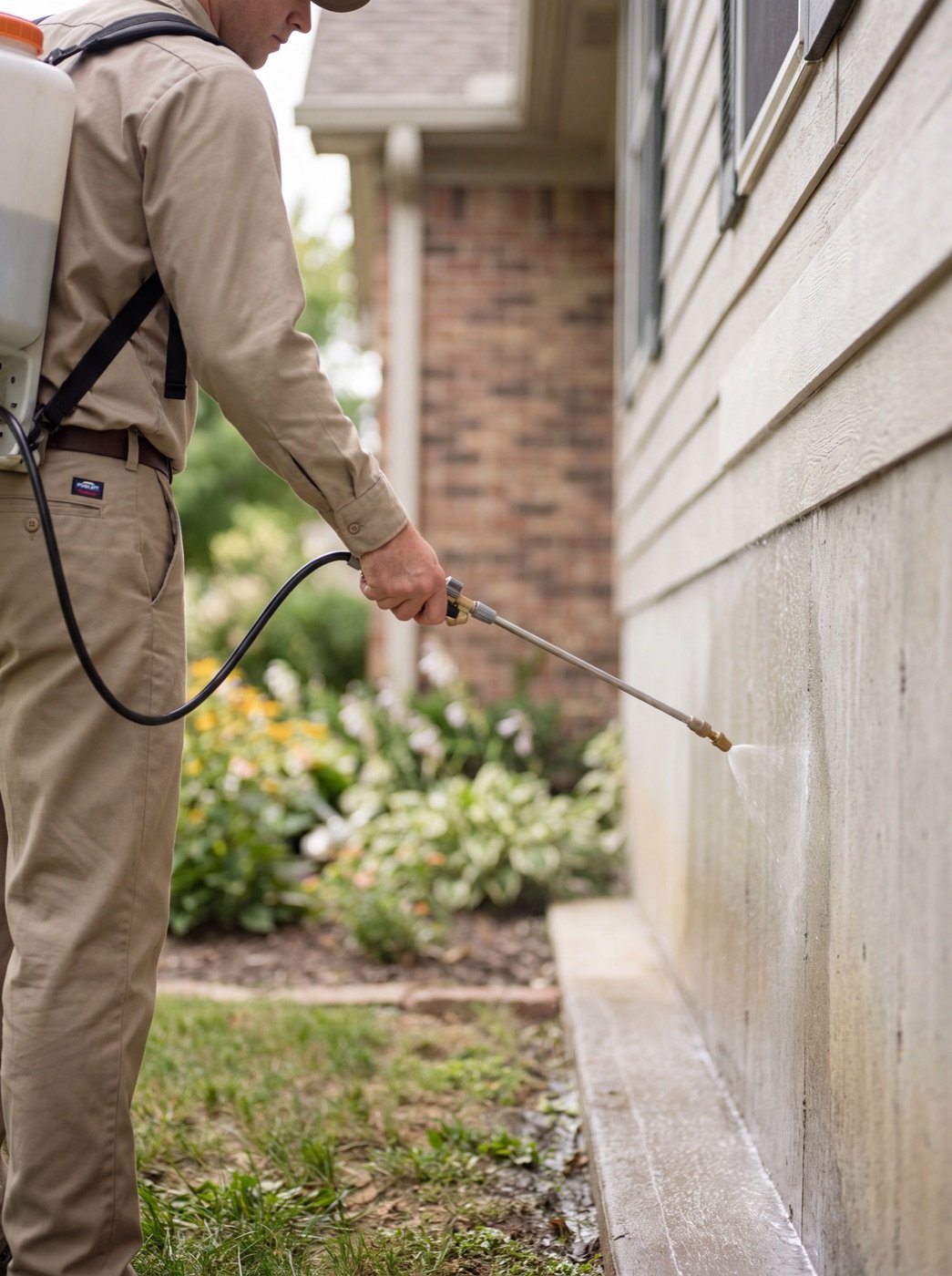 Technician spraying a protective barrier around a home's perimeter