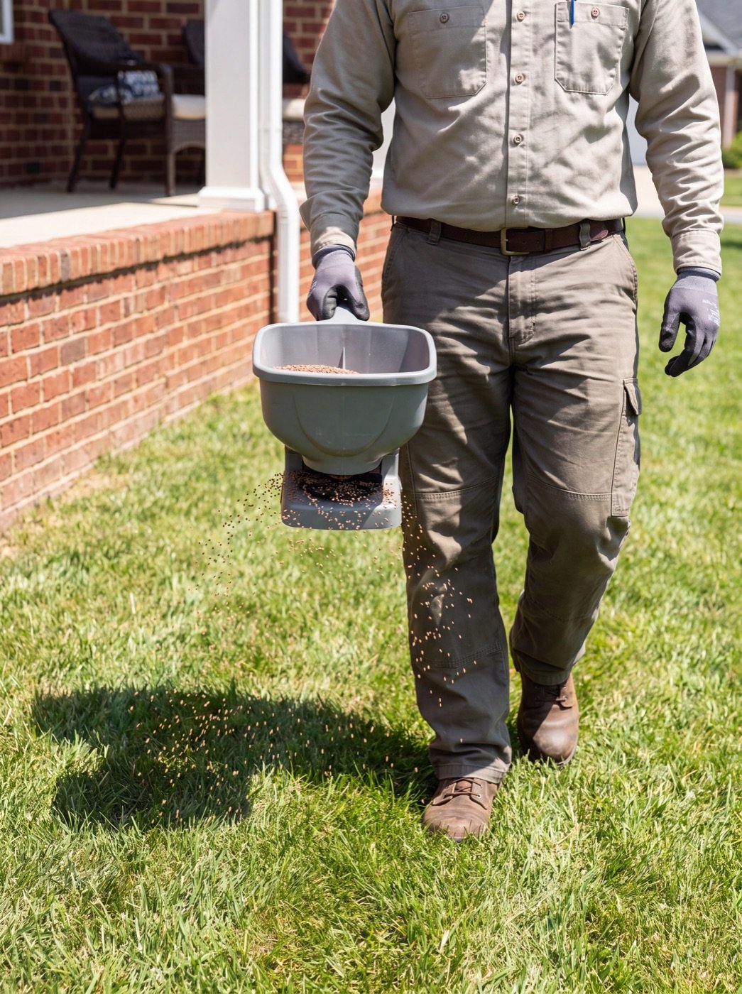 Technician spreading granular treatment across a yard