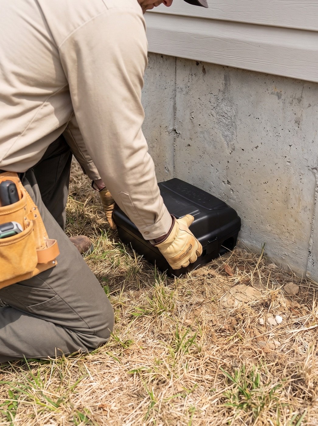 Technician setting a tamper-resistant rodent bait station